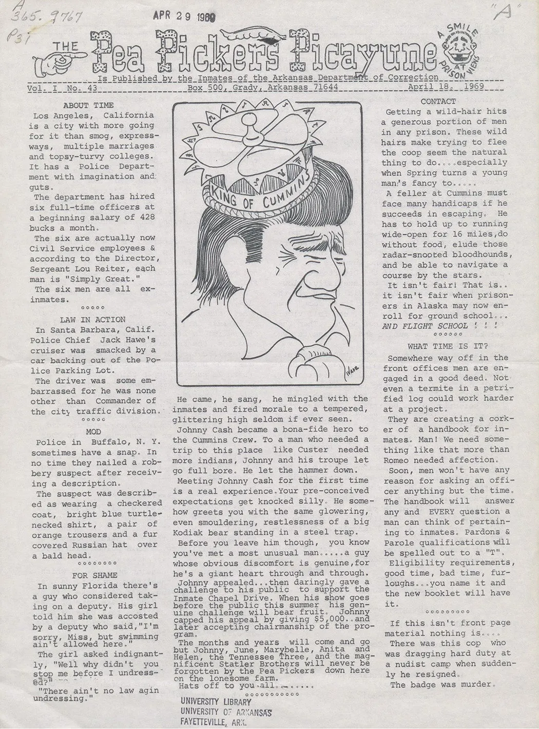 The cover of the April 18, 1969 issue of The Pea Pickers Picayune, published by inmates of the Arkansas Department of Correction