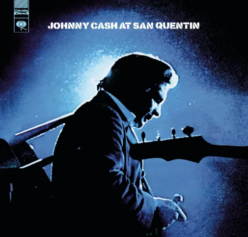 The distinctive album cover for Johnny Cash's live recording 'At San Quentin' from the historic 1969 concert