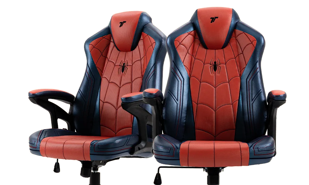 The front view of the TTRacing Duo V4 Spider-Man Edition chair, showcasing its sleek design and vibrant colors.
