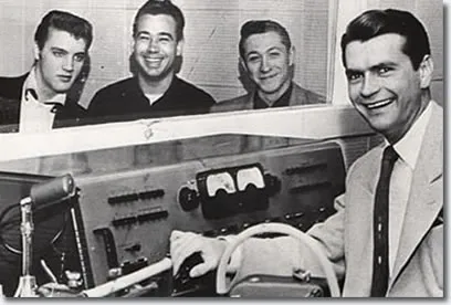 The iconic Million Dollar Quartet featuring Jerry Lee Lewis, Carl Perkins, Elvis Presley, and Johnny Cash at Sun Studio
