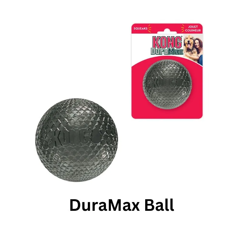 The KONG DuraMax Ball, a durable rubber ball with ridges and a squeaker.