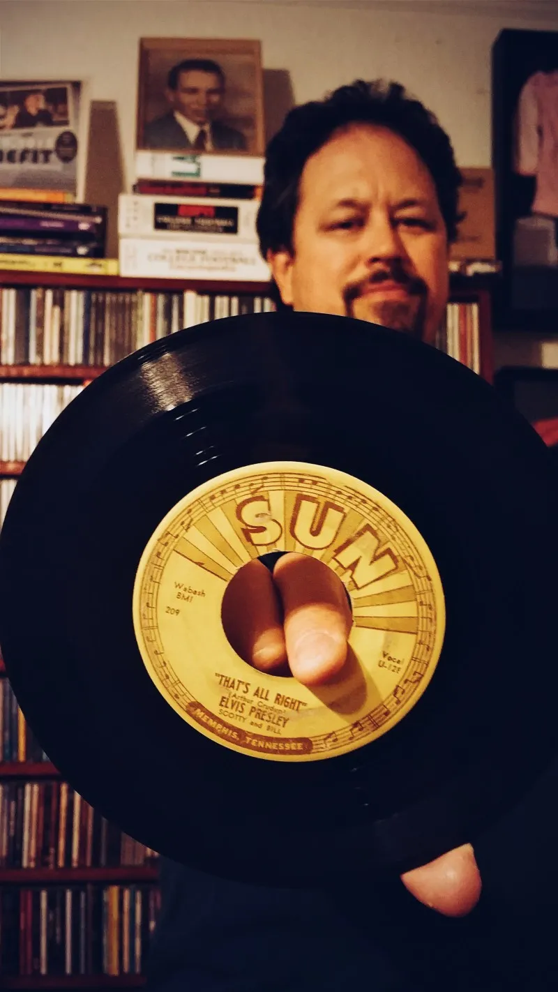 The original Sun 209 given to me by my dad for safekeeping. My dad, by the way, is pictured at about 17 years old just over my right shoulder. And to his right -- your left -- is a picture of my brother Craig used for a benefit flyer. Sun (Son) Records.