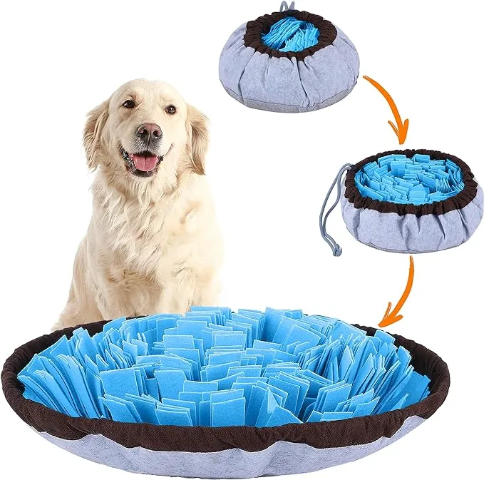 The Pet Arena Adjustable Snuffle Mat, shown in a bowl-like configuration with cinchable drawstrings, offering variable difficulty levels for a dog's sniffing activity.