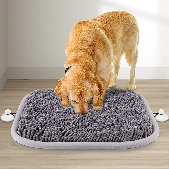 The Rundik Snuffle Mat, a large rectangular mat made of microfiber, featuring a dense network of fabric strips and suction cups for securing it during use.