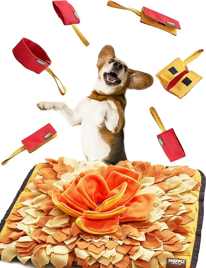 The Sniffiz SmellyMatty snuffle mat designed like autumn leaves, featuring adjustable compartments and loops to hide treats for interactive dog playtime.