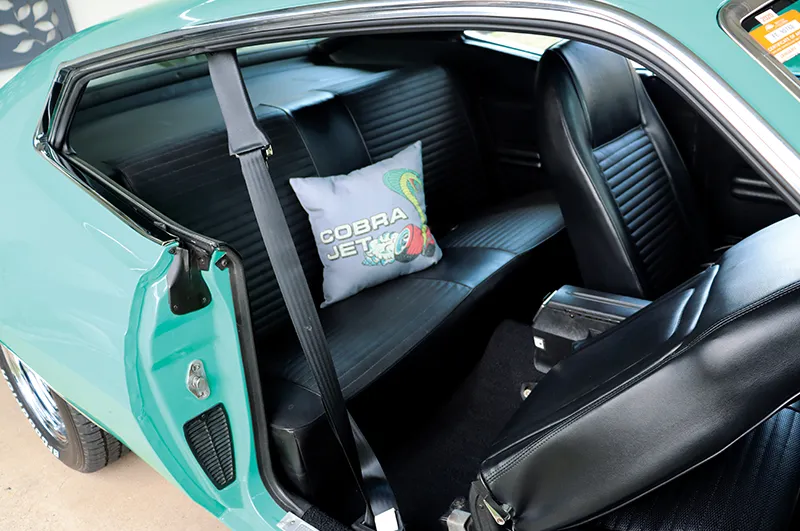 The vintage and well-preserved interior of the 1970 Ford Torino