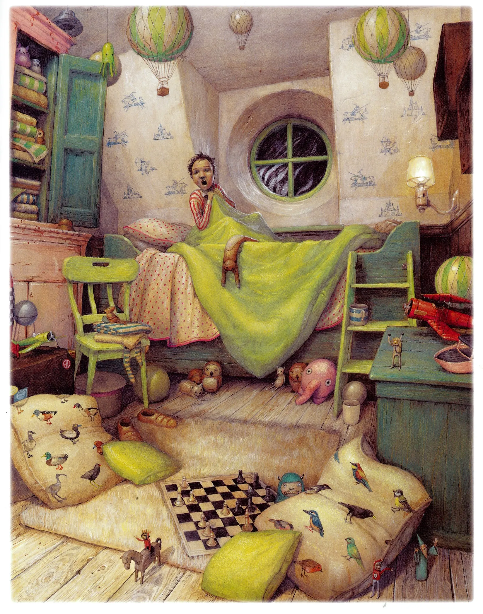 Toys are depicted in a state of terror as they react to the black dog.