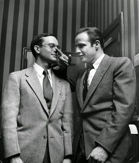 Truman Capote interviewing Marlon Brando, a classic example of Capote's unique approach to celebrity profiles and literary journalism featured in 'The Dogs Bark'.