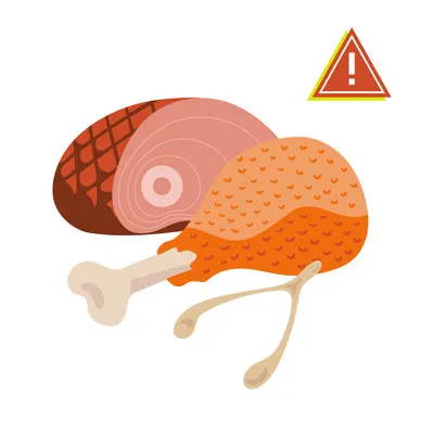 Various cuts of meat, including chicken, ham, and turkey skin, illustrating dangerous fatty and raw meat for dogs.