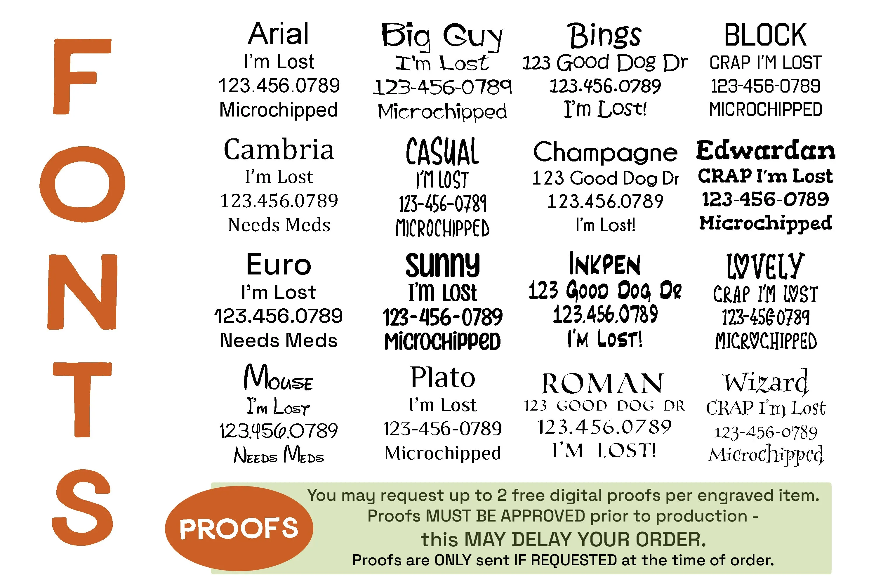 Various font styles and text examples for dog tags
