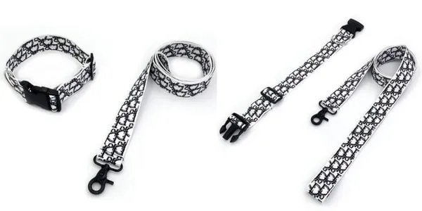 Various matching Dior-inspired dog collars, harnesses, and leashes for a complete designer pet look