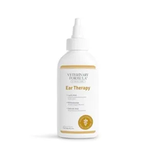 Veterinary Formula Clinical Care Ear Therapy in a blue and white bottle