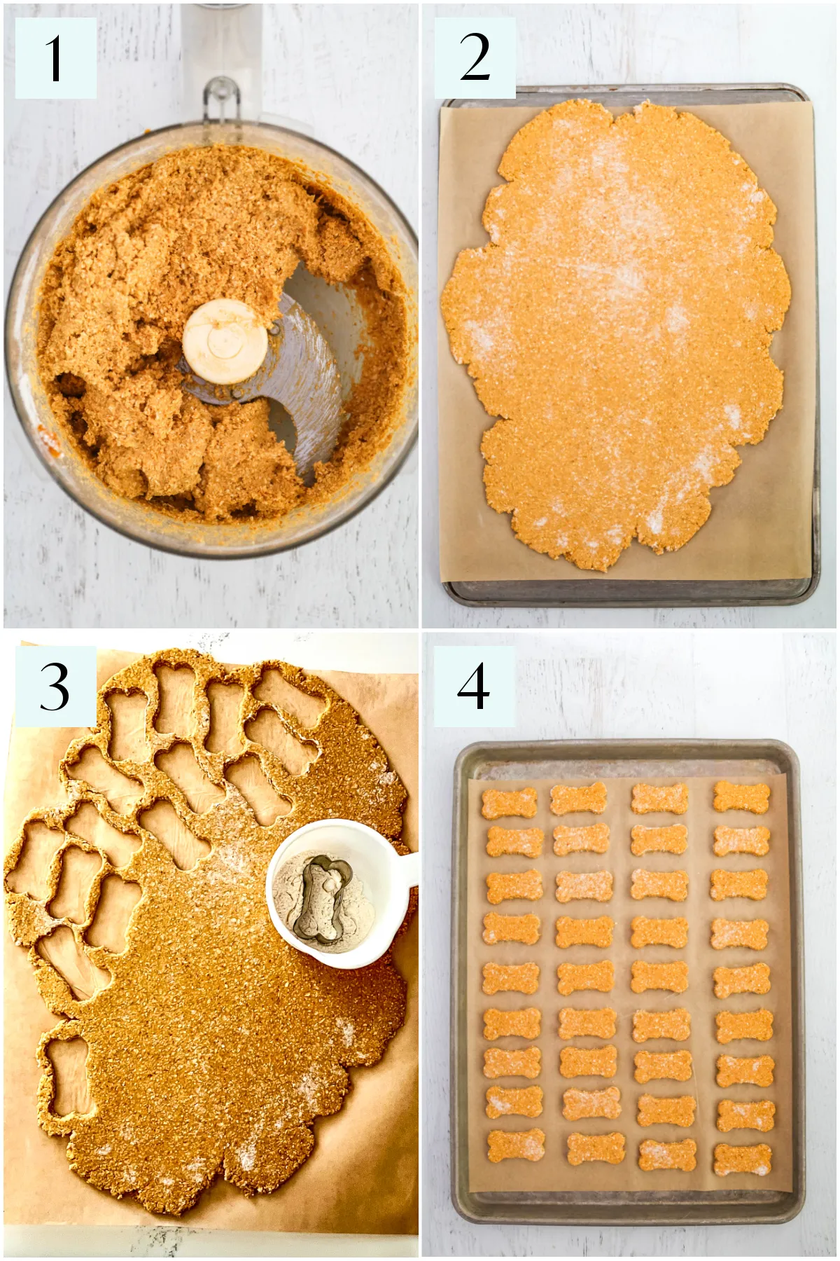 Visual guide: rolling and cutting dough for homemade dog treats without peanut butter.