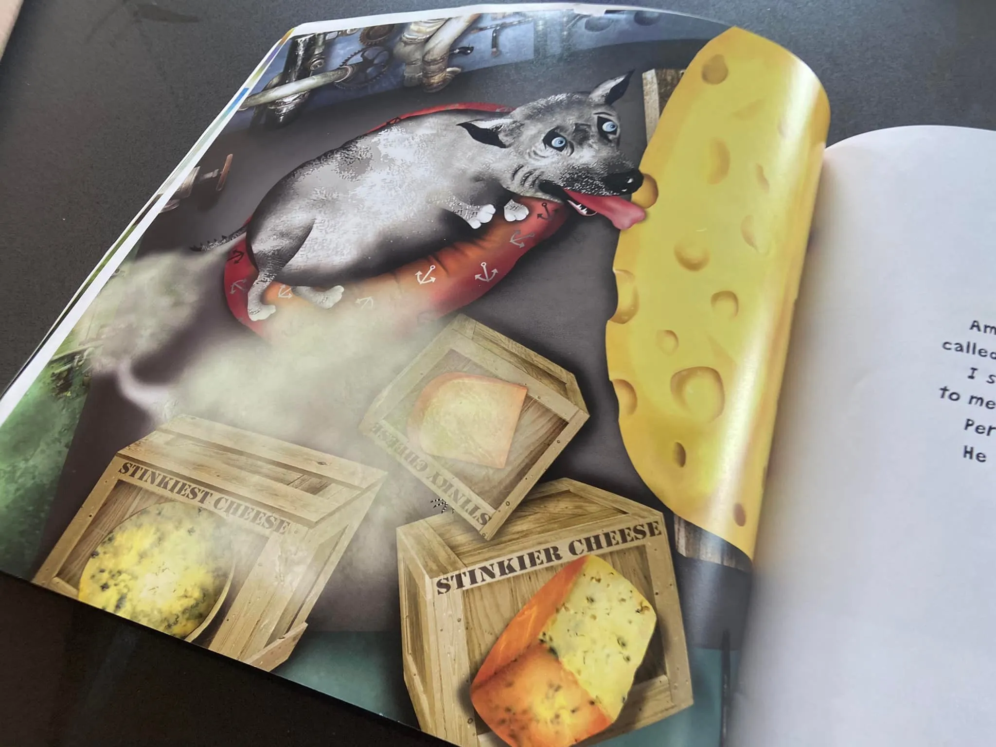 Walter the Farting Dog surrounded by various stinky cheeses, a highlight from the cruise adventure