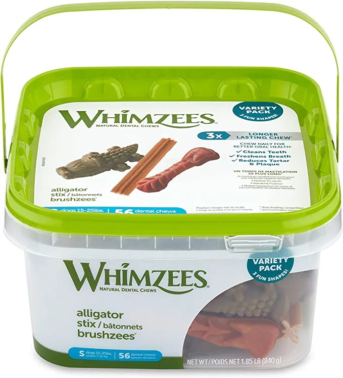 Whimzees all-natural dental chews in various fun shapes