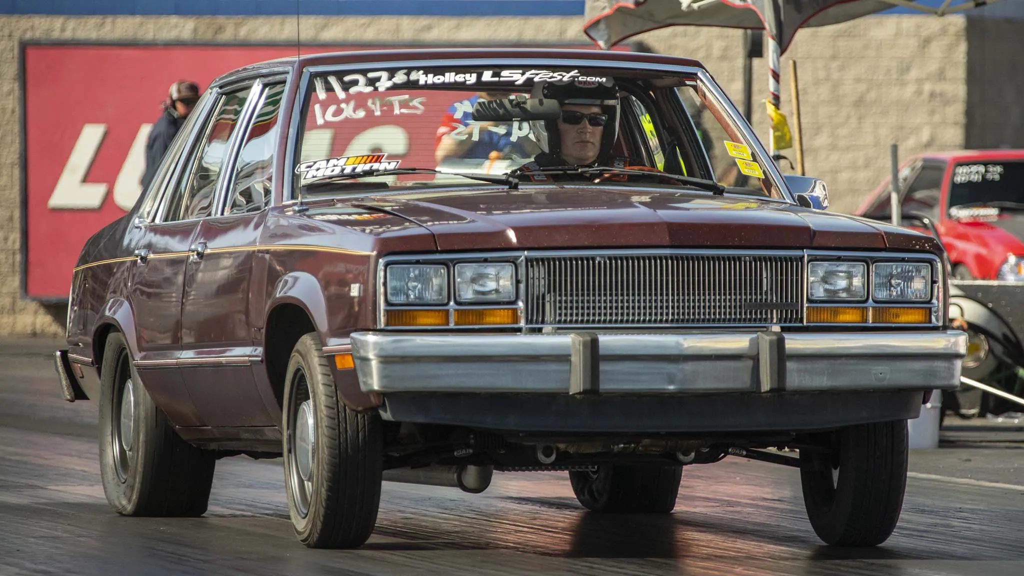 A 1981 Mercury Zephyr doing a wheelie