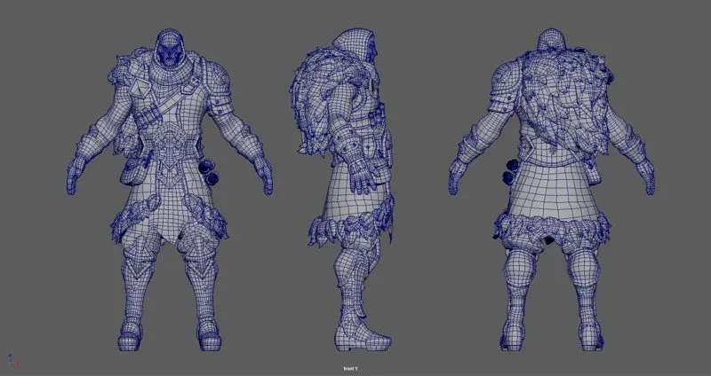 A 3D model with visible wireframe topology, demonstrating the complexity of the mesh
