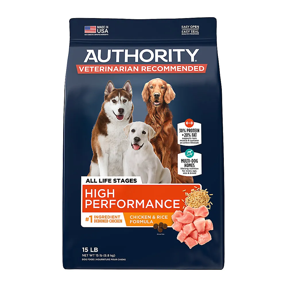 A bag of Authority Sensitive Stomach and Skin All Life Stages Salmon and Rice dog food
