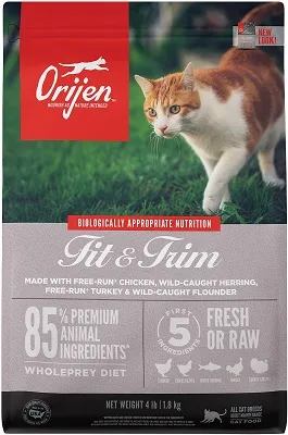 A bag of Orijen Fit & Trim dry cat food, featuring the brand's distinctive packaging.