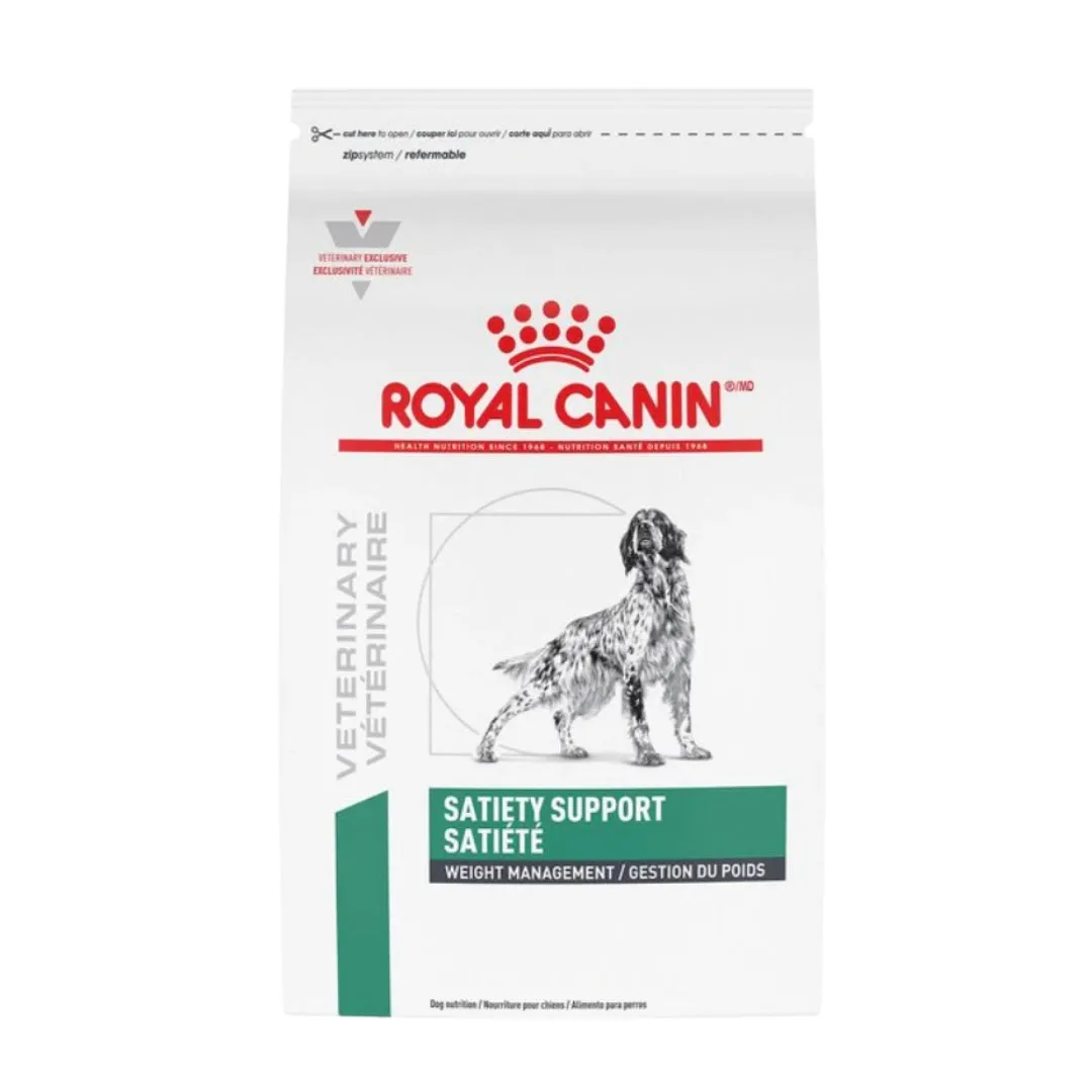A bag of Royal Canin Canine Satiety Support dog food, aimed at healthy weight management.