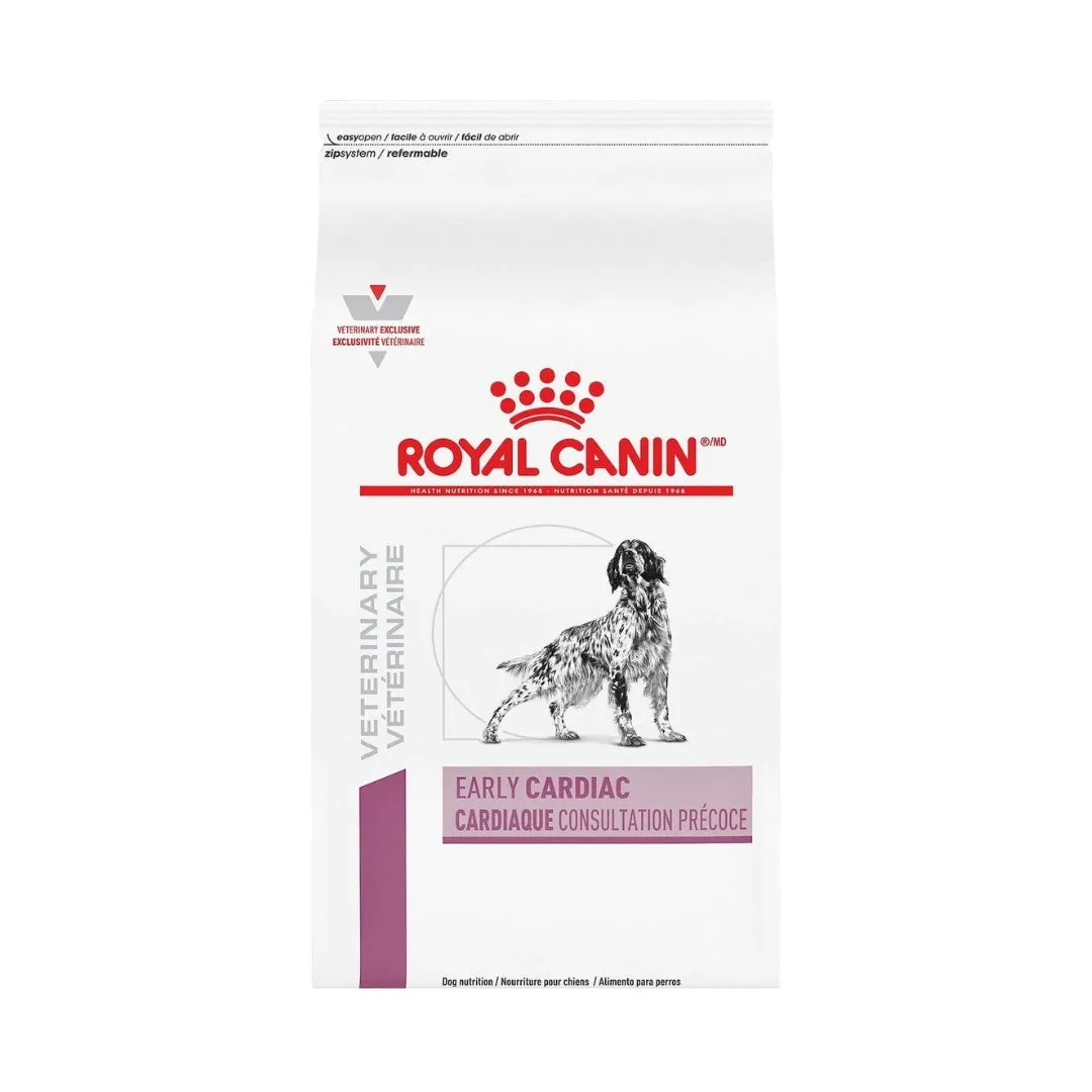 A bag of Royal Canin Early Cardiac dog food, specifically formulated for canine heart health.