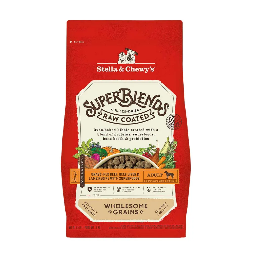 A bag of Stella and Chewy’s Superblends Raw Coated Beef, Beef Liver and Lamb Recipe + Superfoods kibble