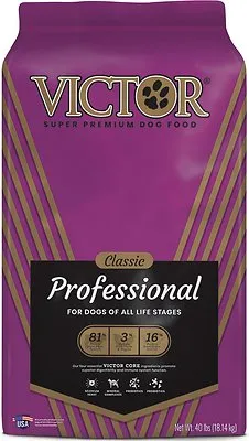 A bag of Victor Classic Professional Dry Dog Food, showcasing the brand's commitment to quality nutrition.