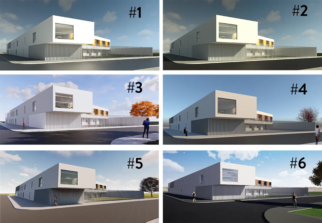 A blind test showing six different rendering outputs of an elderly residence in Spain, challenging viewers to identify the rendering software used for each.