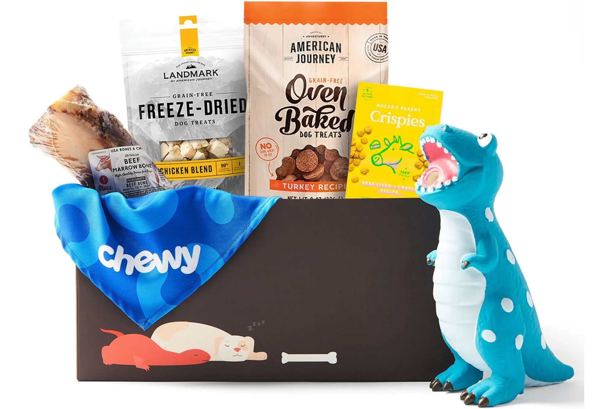 A box of dog toys and treats from Chewy