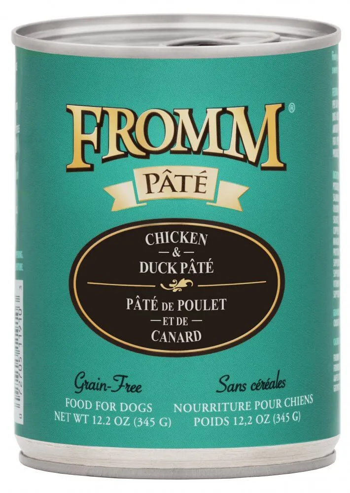 A can of Fromm Chicken and Duck Pate Grain Free dog food