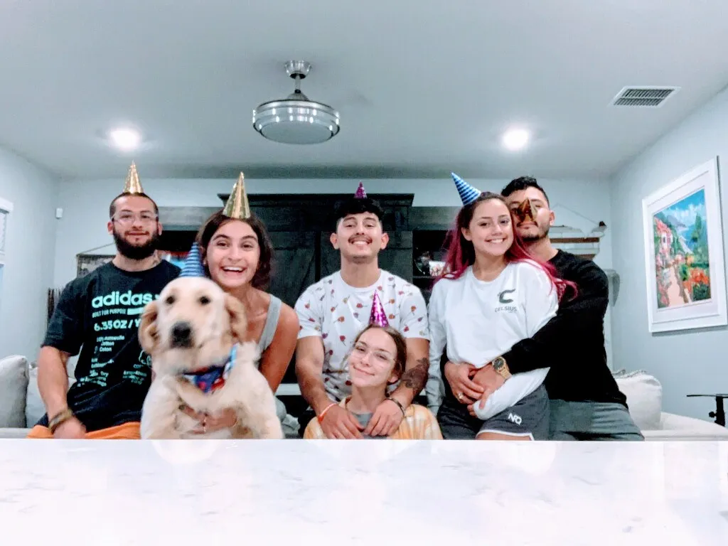 A cheerful dog celebrating its birthday