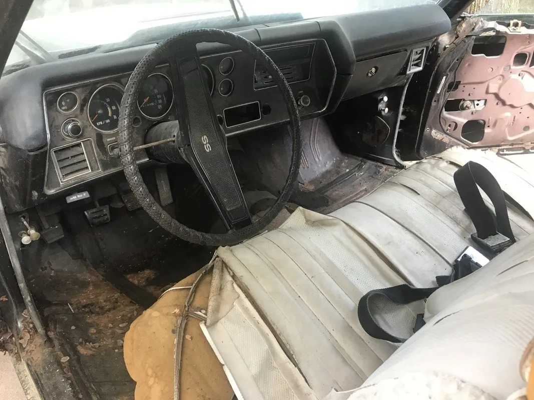 A classic 1970 Chevelle SS454 LS6 parked in a garage after being discovered