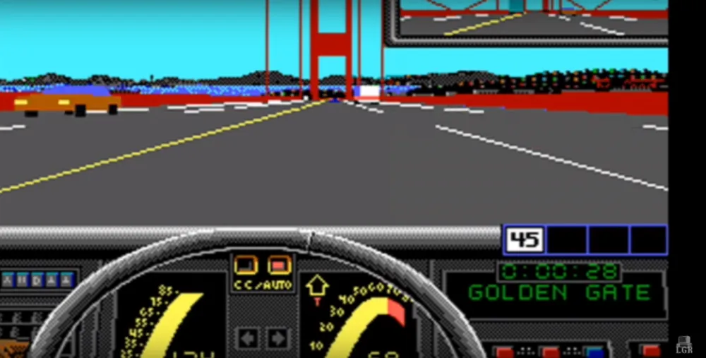 A classic Chevrolet Corvette speeding through a polygonal San Francisco cityscape, with the Golden Gate Bridge in the background