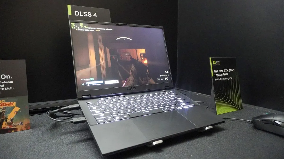 A close-up of a high-performance gaming laptop, likely featuring an Nvidia GeForce RTX 5060 GPU, demonstrating sleek design and powerful capabilities