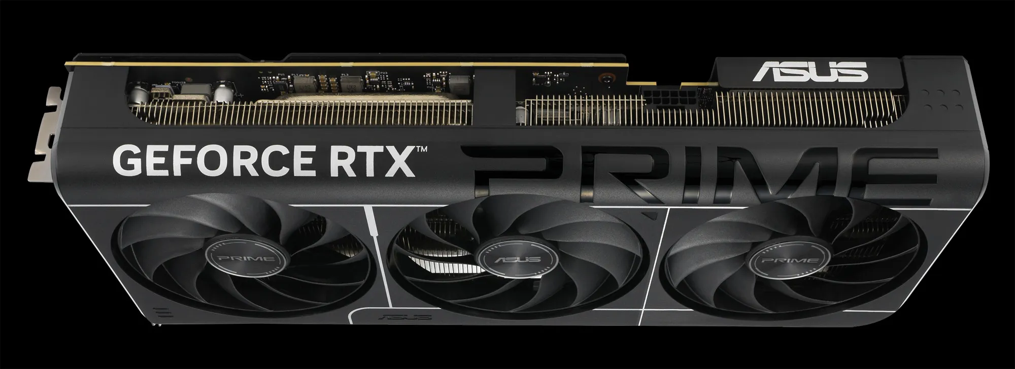 A close-up of an ASUS Prime graphics card's cooling system, highlighting its efficient triple-fan design and a generally clean, understated aesthetic.
