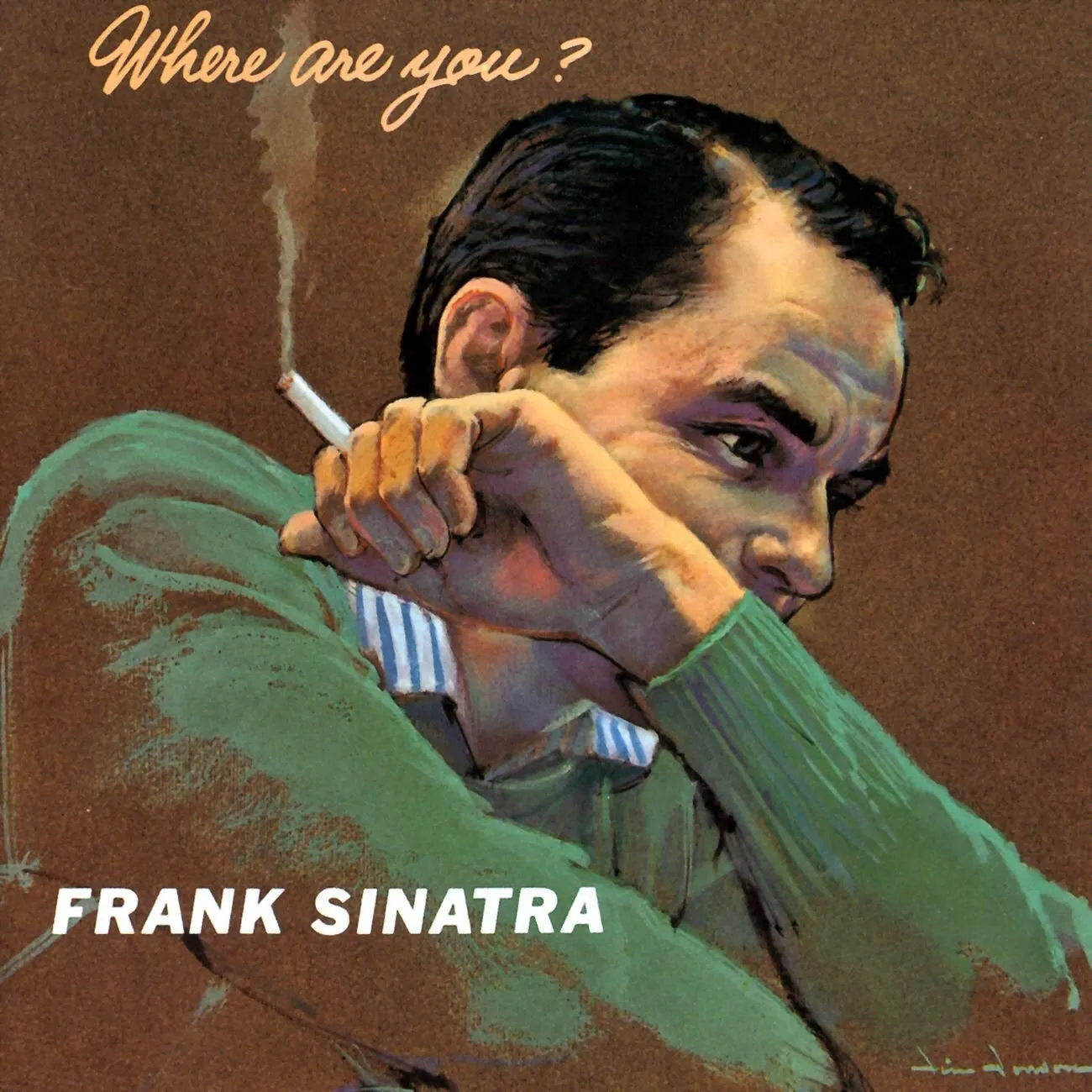A close-up of Frank Sinatra with a pensive expression, reflecting the emotional intensity he brought to his recordings.