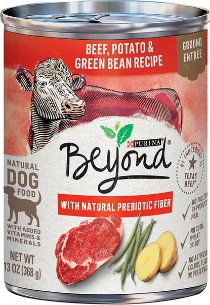 A close-up of Purina Beyond Natural Pate Beef, Potato, and Green Bean Wet Dog Food
