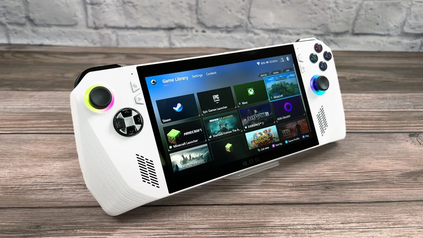 A close-up of the Asus ROG Ally handheld gaming PC, displaying a vibrant game on its screen with the device held in hands.