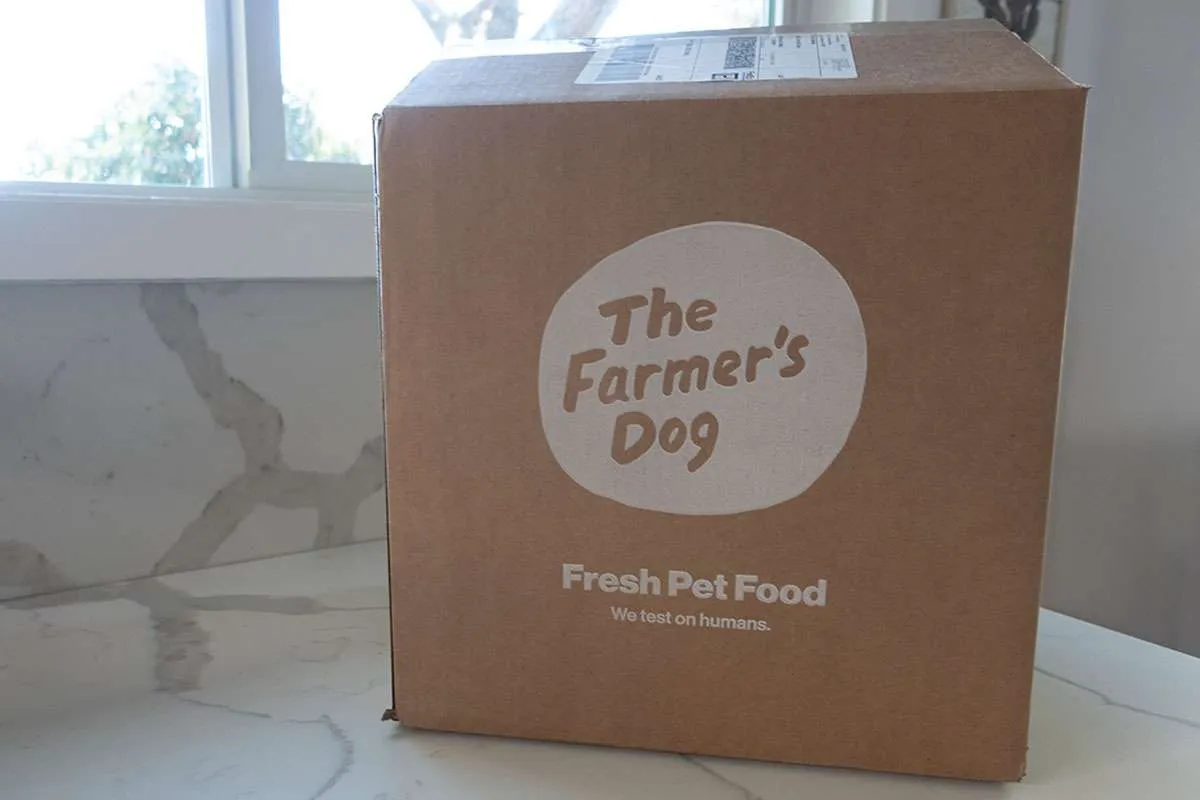 A close-up of The Farmer's Dog food showing visible ingredients like meat and vegetables