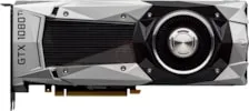 A close-up view of an NVIDIA GeForce GTX 1080 Ti graphics card with its cooling shroud and fans visible.