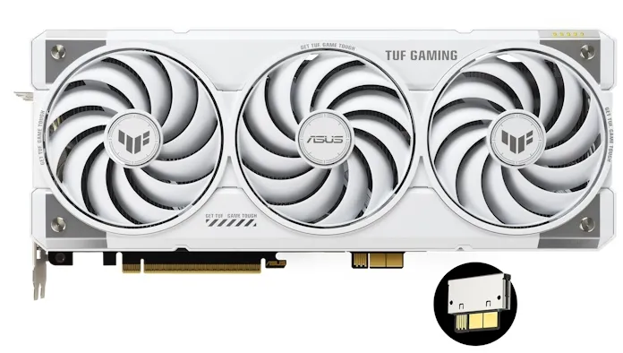 A close-up view of the TUF Gaming GeForce RTX 5070 Ti White Edition graphics card, showcasing its rugged design