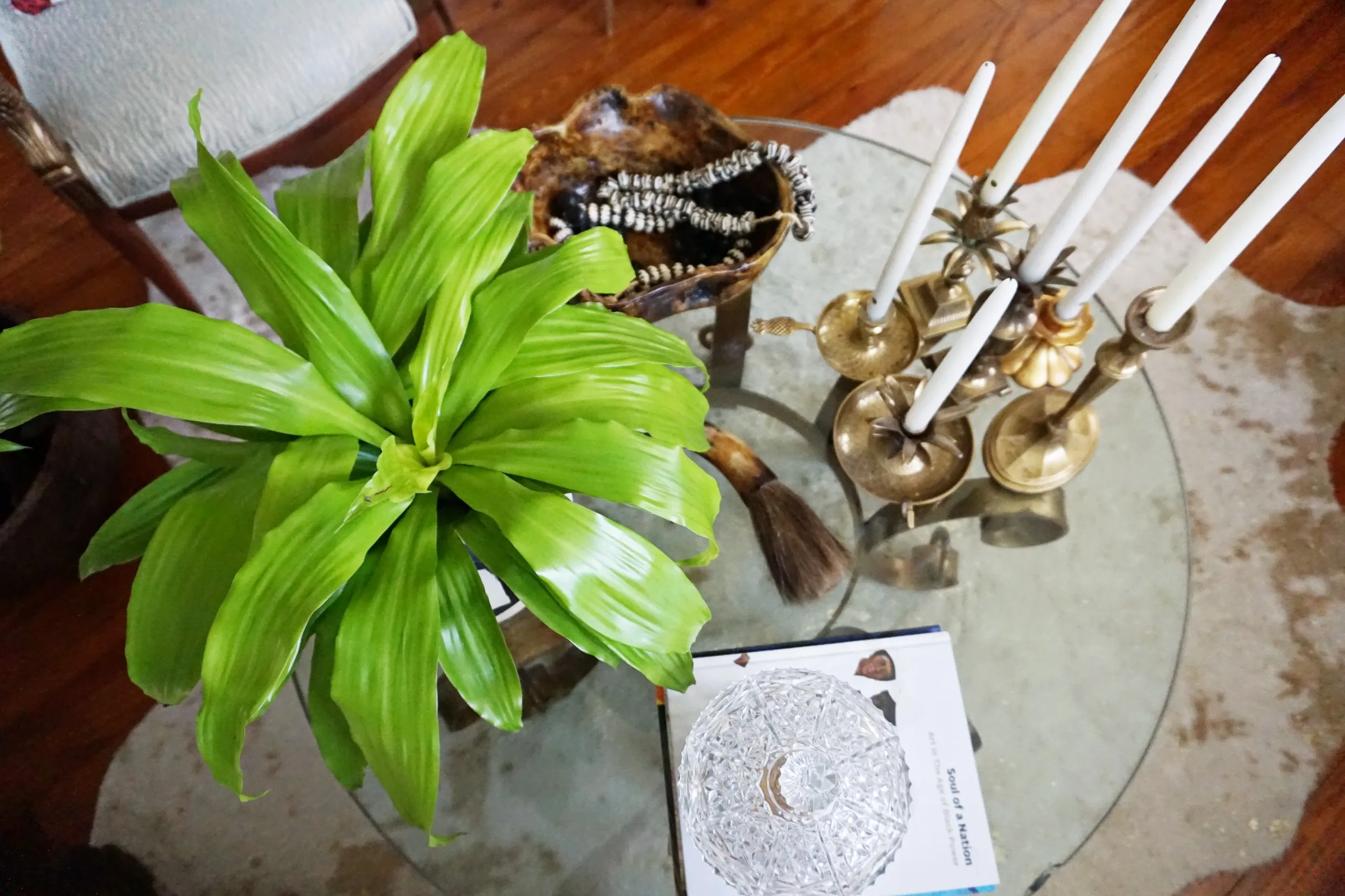 A collection of styled coffee table items, including books and decorative objects.
