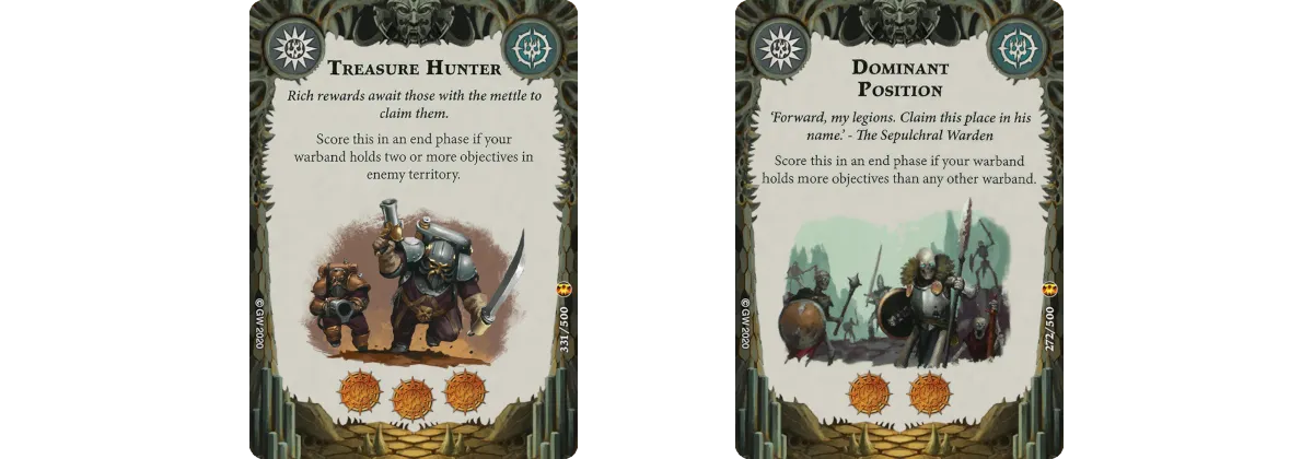 A collection of Warhammer Underworlds objective tokens laid out on a game board, illustrating strategic points