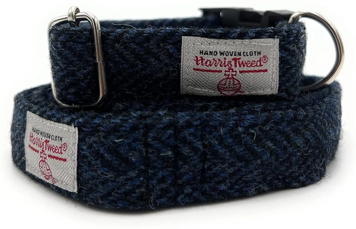 A complete tartan dog collar and lead set displayed neatly on a wooden surface