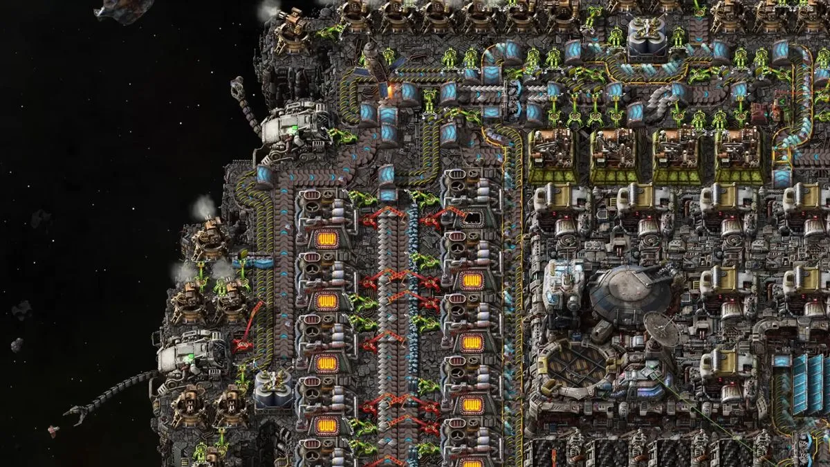 A complex network of conveyor belts and machinery on a futuristic space platform