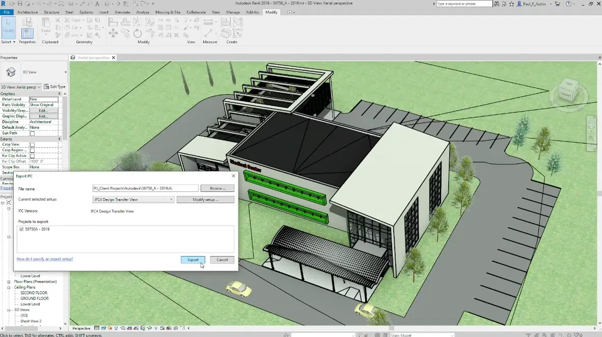 A detailed 3D view of a building model in Revit, showcasing intricate architectural elements and structural components.