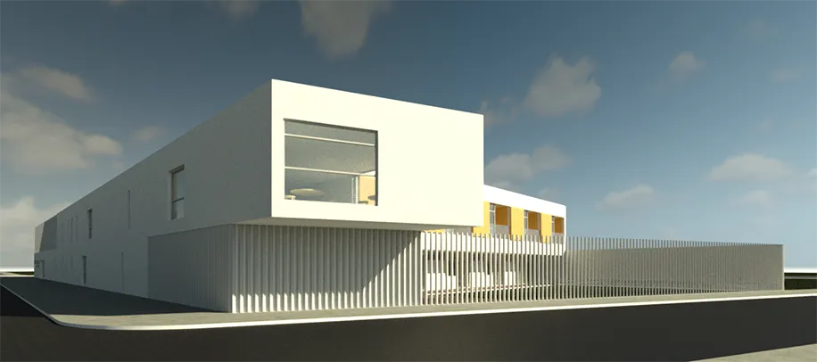 A detailed exterior view of an elderly residence rendered using Revit's native rendering engine, highlighting its default material and lighting characteristics.
