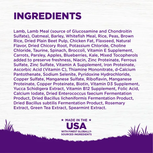 A detailed list of ingredients for Wellness Complete Health dog food, highlighting lamb, barley, and various beneficial components.