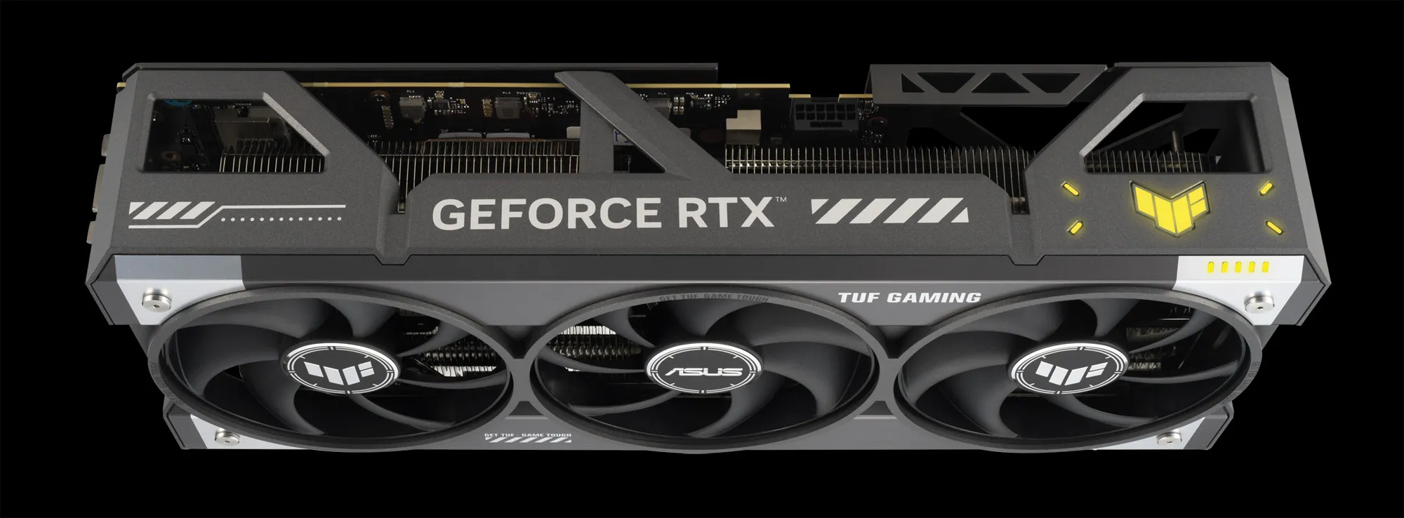 A detailed shot of the backplate of an ASUS TUF Gaming graphics card, emphasizing its robust construction and understated, durable aesthetic.
