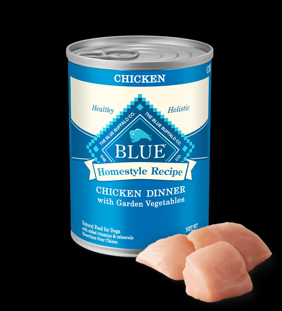 A detailed view of the ingredients list on a Blue Buffalo Homestyle Recipes wet dog food can, highlighting key components.